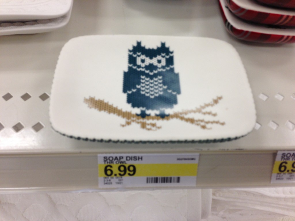 soap dish with image of cross-stitch owl on it