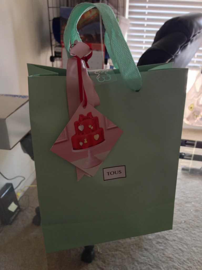 seafoam green tous gift bag with pink & red gift tag