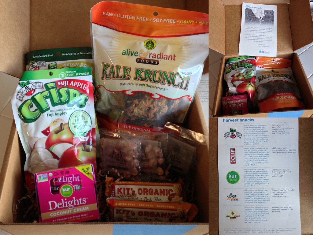 collage of october harvest snacks blissmobox contents including alive & radiant kale chips, kur delights coconut cream, brothers-all-natural crisps in asian pear and fuji apple, two clif kit's organic fruit & nut bars, and lush nuts in three flavors