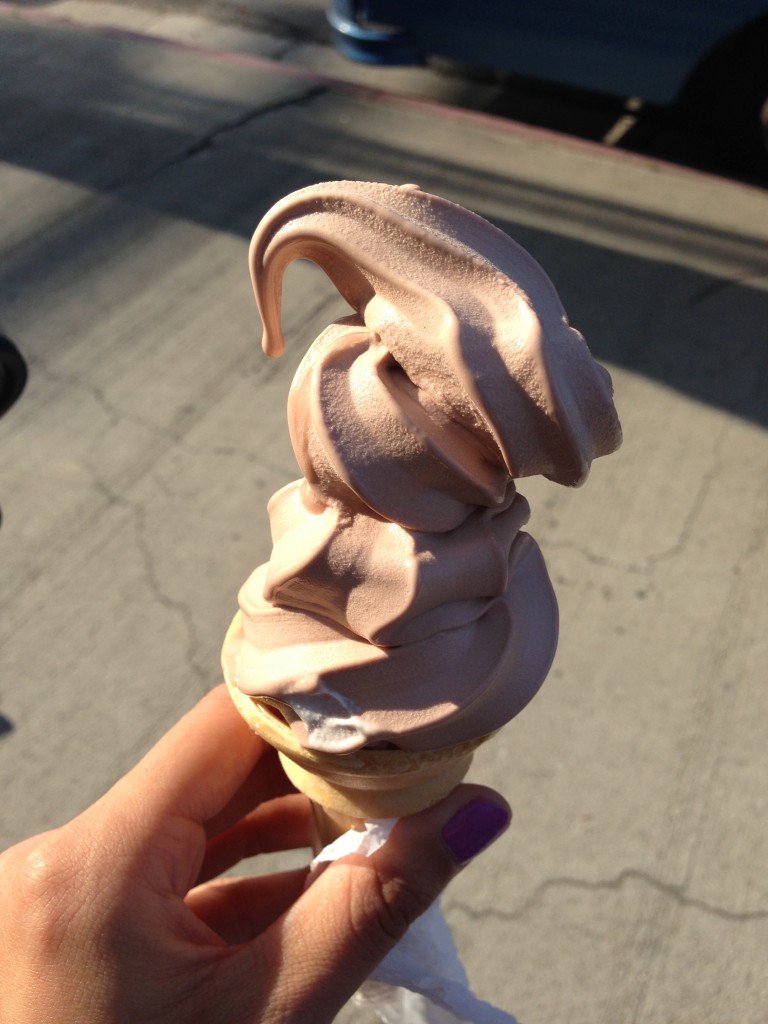 chocolate soft serve ice cream one with crooked swirl