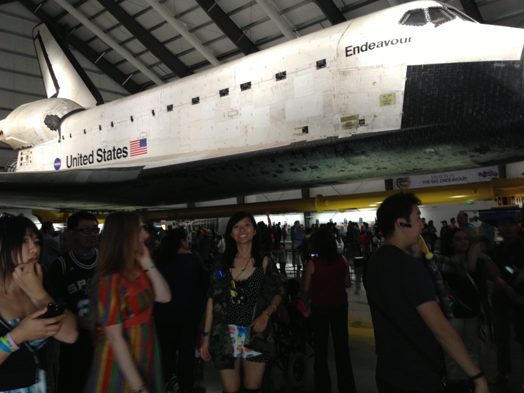 posing in front of endeavour space shuttle at california science center