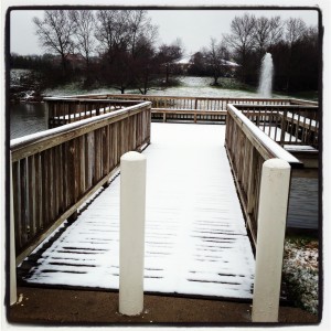 wooden plank walkway over pond covered in layer of snow