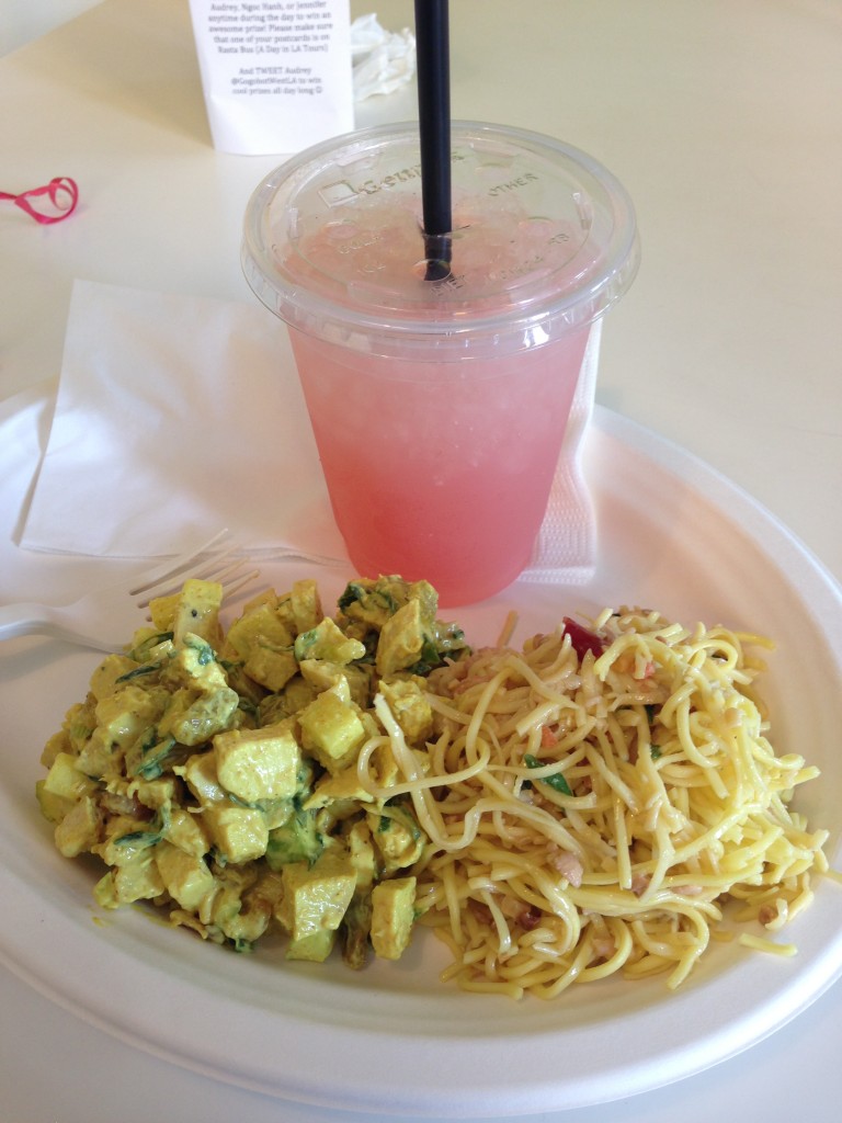 lemonade cafeteria meal with one side of soba noodles, one curry chicken entree, and a watermelon sage lemonade