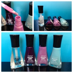 collage of sally hansen insta-dri nail colors in clearly quick, pronto purple, lively lilac, and blue-away