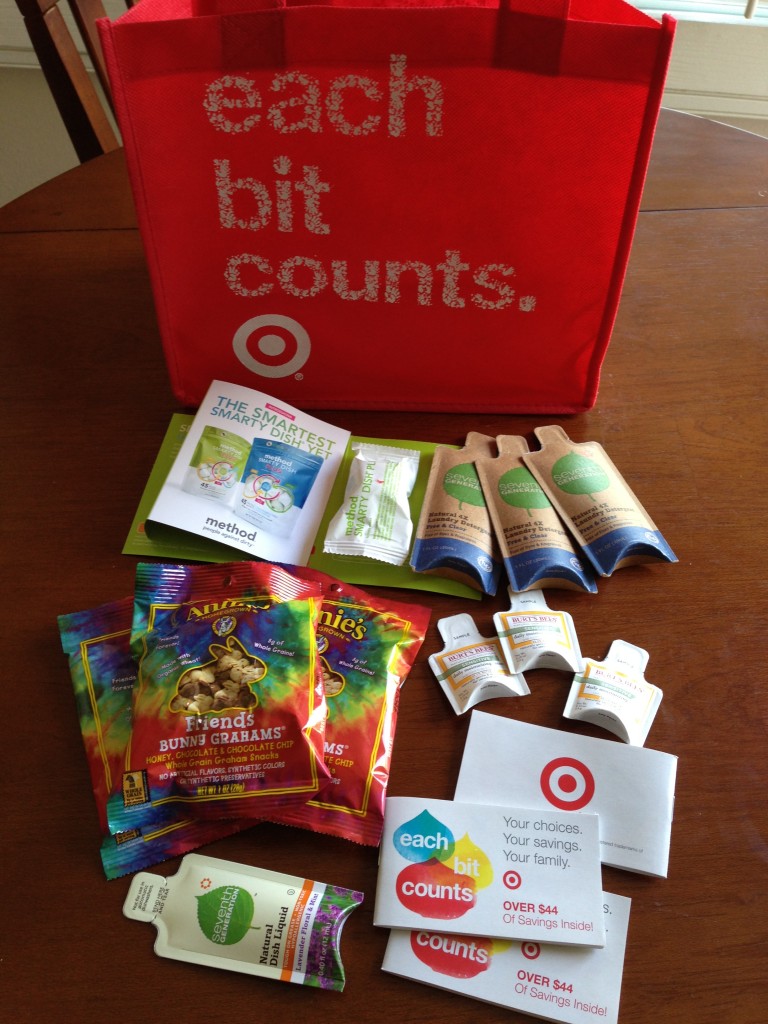 target earth day haul with reusable bag and samples from eco-friendly brands