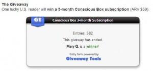 screenshot of giveaway tools final result: mary q. won 3-month conscious box subscription from just another new blog