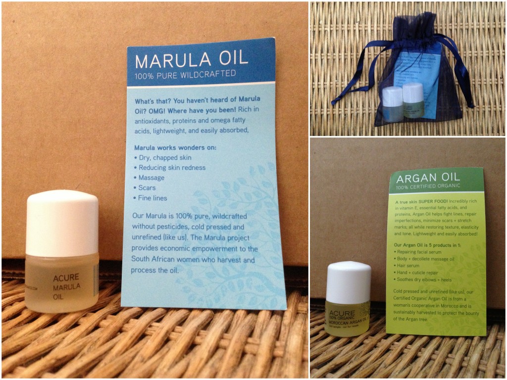 collage of acure marula oil and argan oil included in the summer 2013 yuzen box