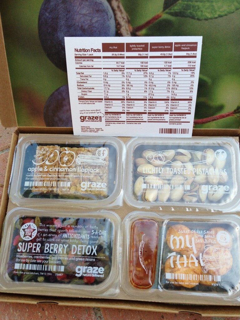 my first graze box with my thai, lightly toasted pistachios, super berry detox, and apple & cinnamon flapjacks