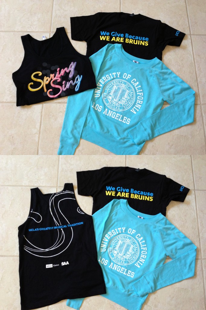 collage of ucla shirts from alumni day including spring sing tank, ucla fund t-shirt, and ucla seal sweatshirt
