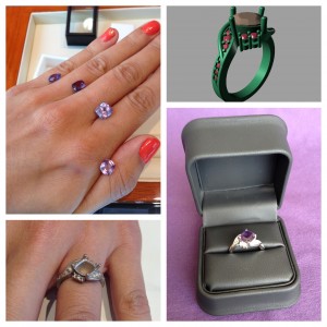 collage of steps to make engagement ring including selecting center stone, drawing up cad model, trying on the bare ring, and the finished product with gems and polished band