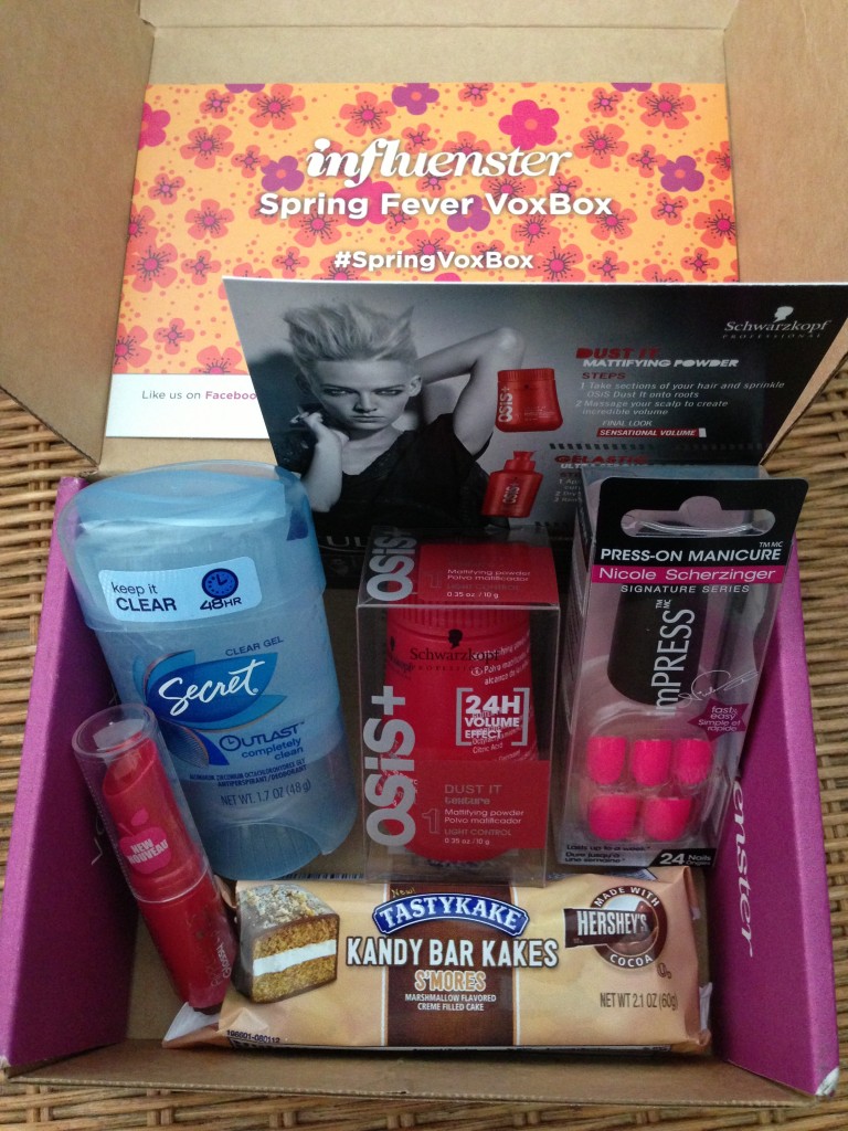 influenster spring fever voxbox contents including nyc new york color glossy lip balm, secret antiperspirant/deodorant, schwarzkopt professional osis dust it, broadway nails press-on manicure nails, and tastykakes snack