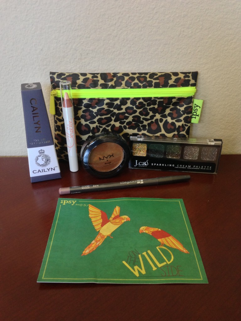 ipsy june 2013 bag items with card including cailyn gel eyeliner in iron, chella ivory lace highlighter pencil, nyx rouge cream blush in bronze goddess, j.cat sparkling cream palette in volta, and starlooks lip pencil in bare