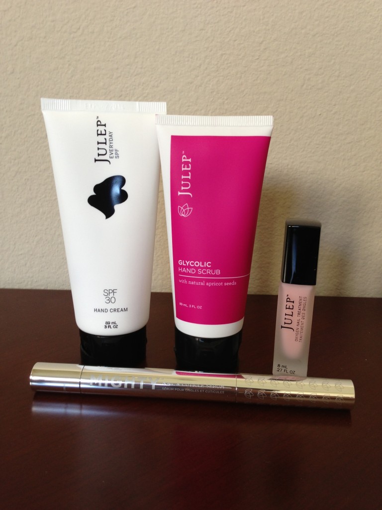 julep hand care products including hand cream, glycolic hand scrub, oxygen nail treatment, and cuticle serum