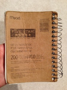 back of worn mead five star fat lil notebook