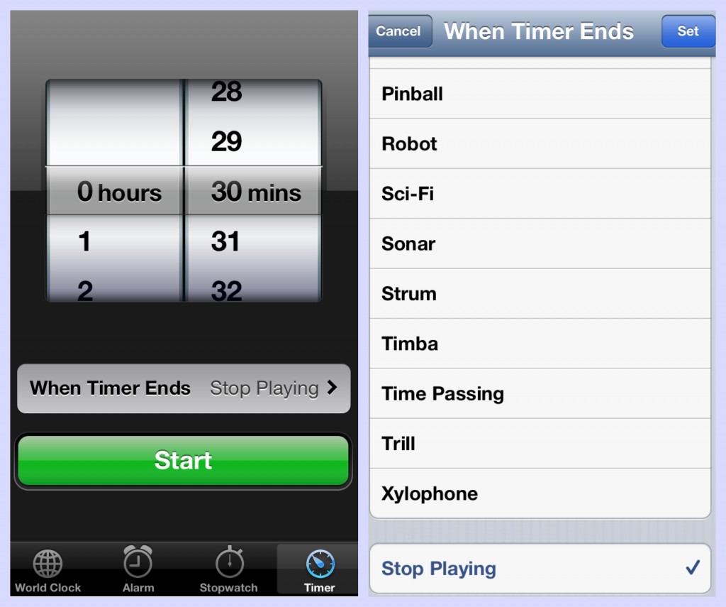 collage of screens used to set iphone timer to stop playing audio