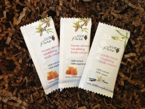 100% pure body cream samples in honey almond and vanilla bean