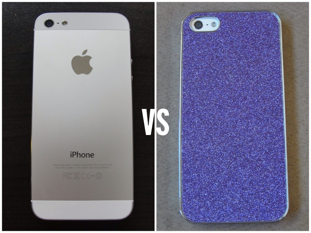 collage of white iphone 5 on left vs iphone 5 with purple glitter case on right