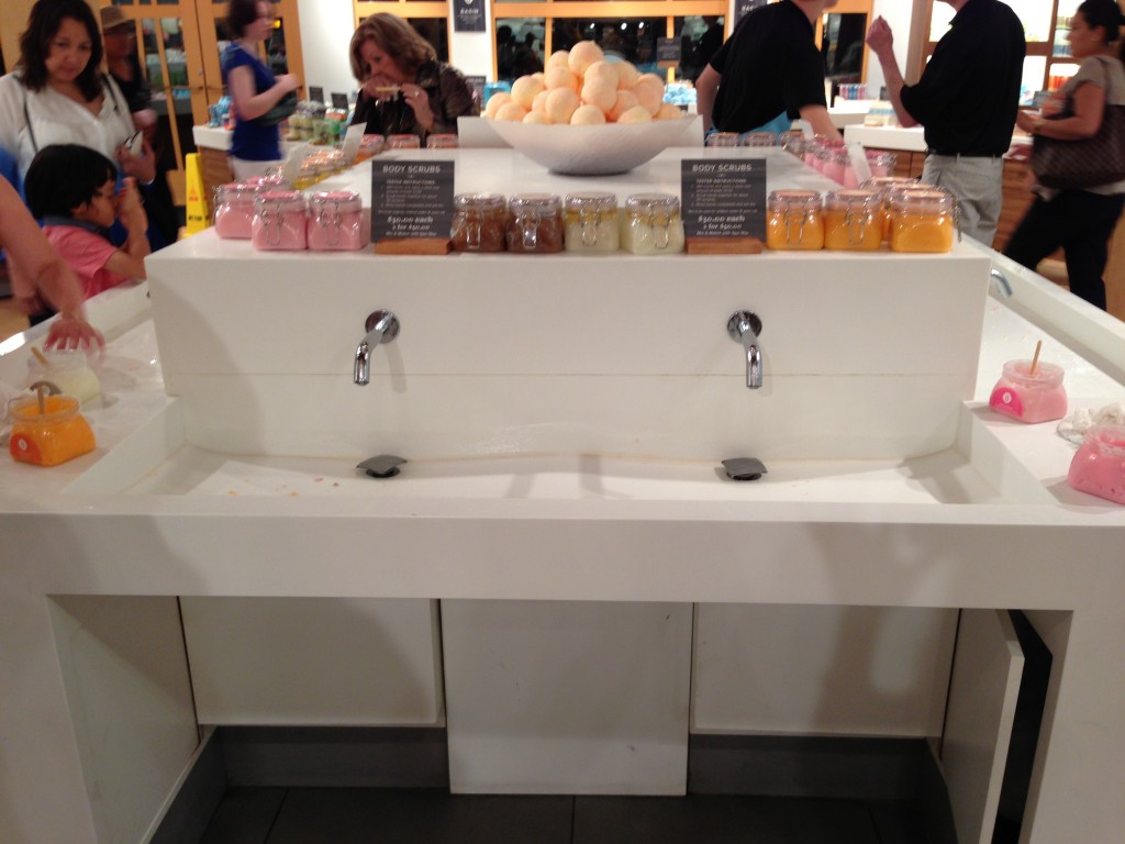 basin sinks with body scrubs and body butters to test out