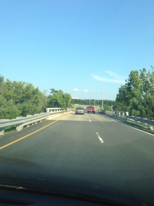 black road with white bridge ahead