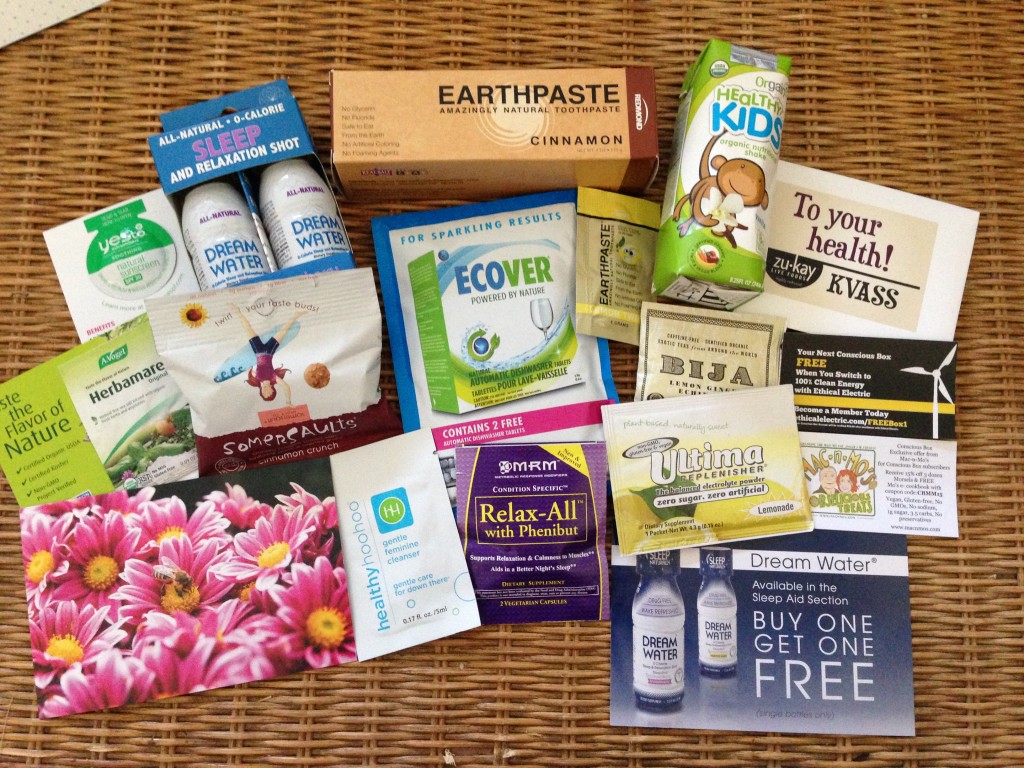 conscious box may contents with yesto spf lotion, herbamare, dream water, somersaults, earthpaste, ecover, healthy hoohoo, mrm relax all, healthy kids drink, zukay kvass, bija tea, ultima replenisher, mac n mo's treats discount, and ethical electric code