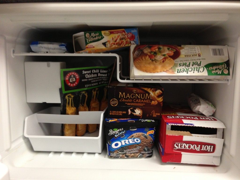 looking into open household freezer with contents showing