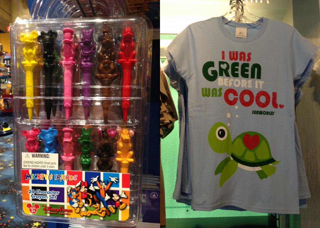 collage of disney character-shaped crayons and green turtle t-shirt