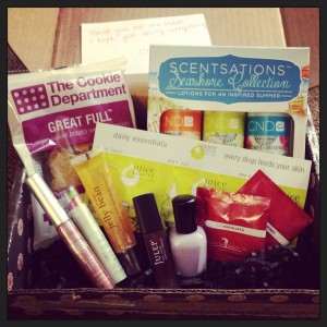 box full of beauty and skincare products from trade