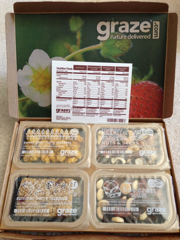 my fourth graze box with sweet goan curry crackers, hickory smoked nuts & seeds, summer berry flapjack, and hot cross yum