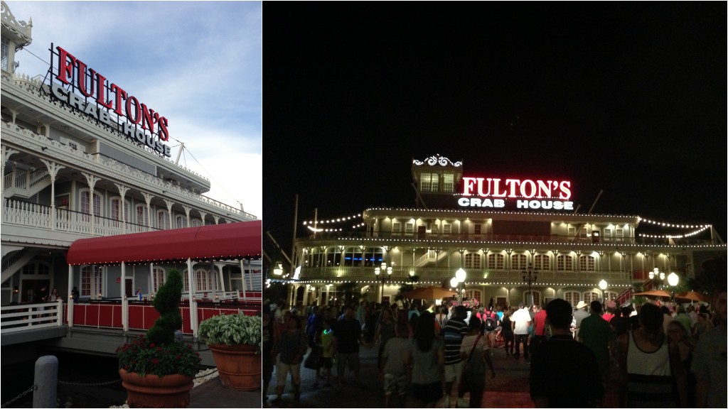 collage of fulton's crab shack in day and night