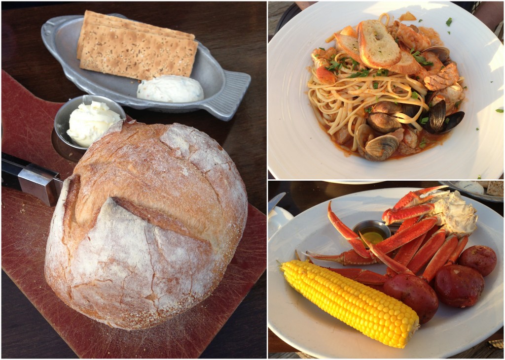 collage of bread, crackers, seafood pasta, and crab leg meals