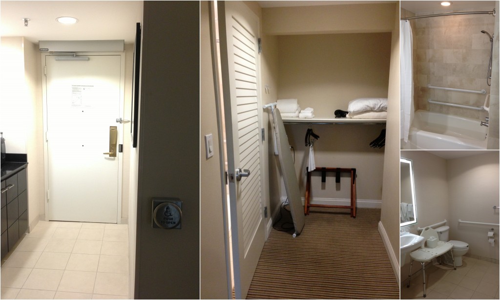 collage of handicapped room features including automatic door, bars in restroom, and no closet doors