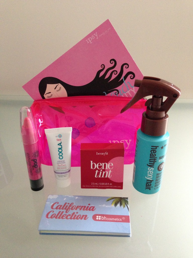 ipsy july 2013 bag items with card including pop beauty pouty pop crayon in fuchsia flirt, coola mineral sunscreen tinted moisturizer in rose essence, benefit benetint lip and cheek stain, healthysexyhair soy renewal beach spray, and bh cosmetics calfornia collection eye shadow palette