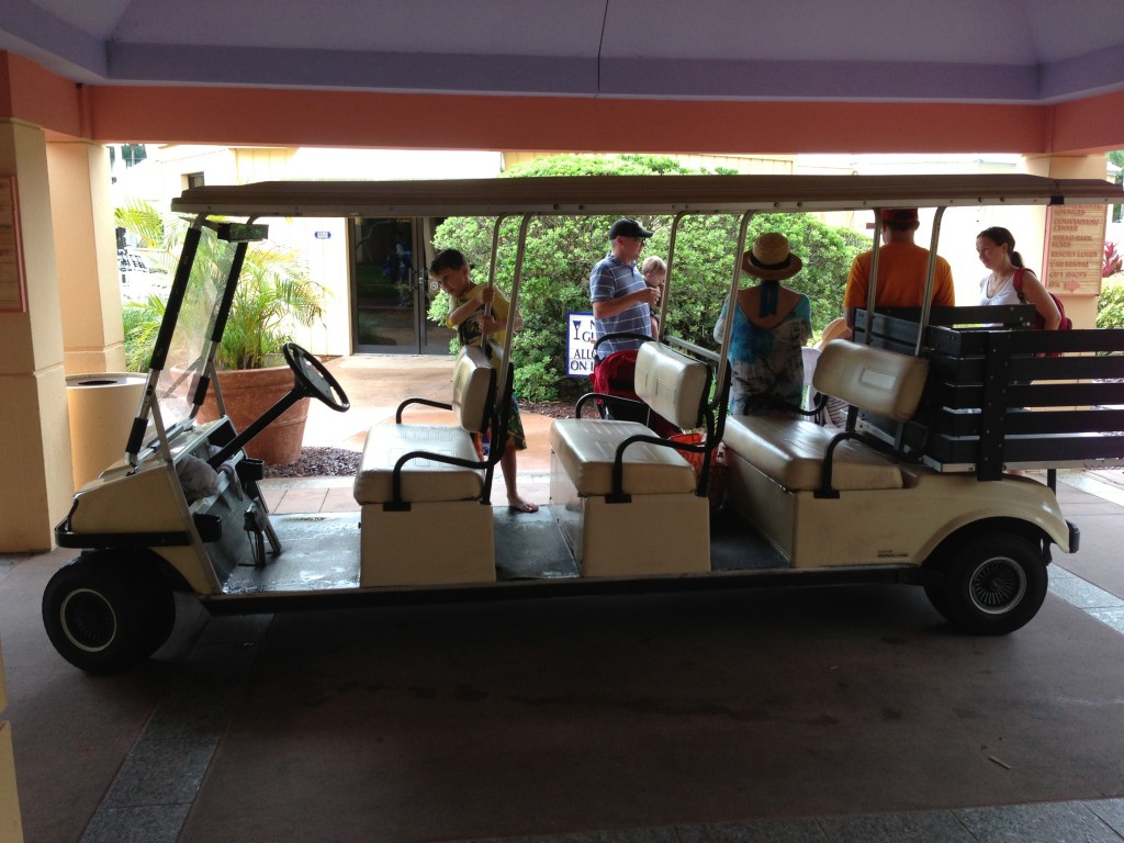 large three-row golf cart outside buena vista palace