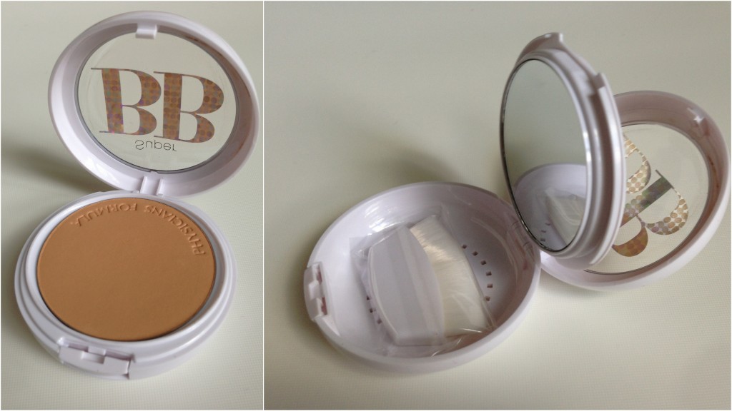 collage of physician's formula bb powder open showing powder, mirror, and brush