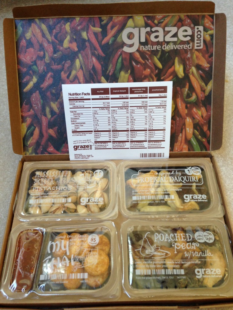 my fifth graze box with mississippi bbq pistachios, tropical daiquiri, my thai, and poached pear