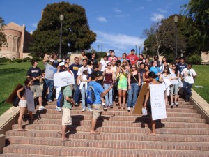 group of students standing on janss steps at ucla with counselors telling stories
