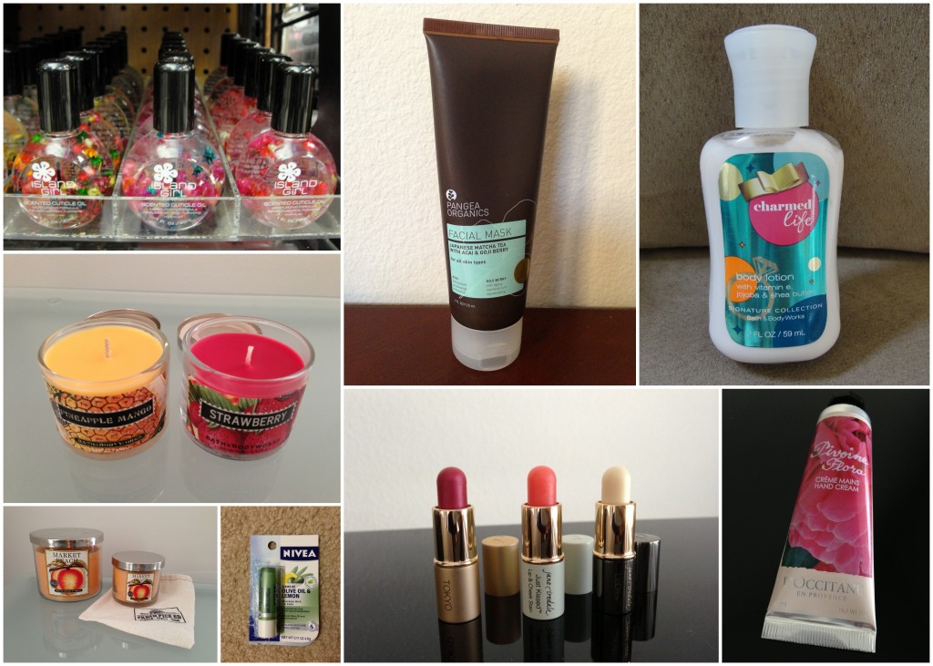 collage of items traded for swaps including island girl hawaii cuticle oil, bath & body works candles in small and medium, pangea face mask, jane iredale lippies, bath & body works lotion, and l'occitane hand cream