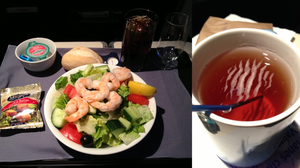 united first class meal collage with shrimp salad and hot tea