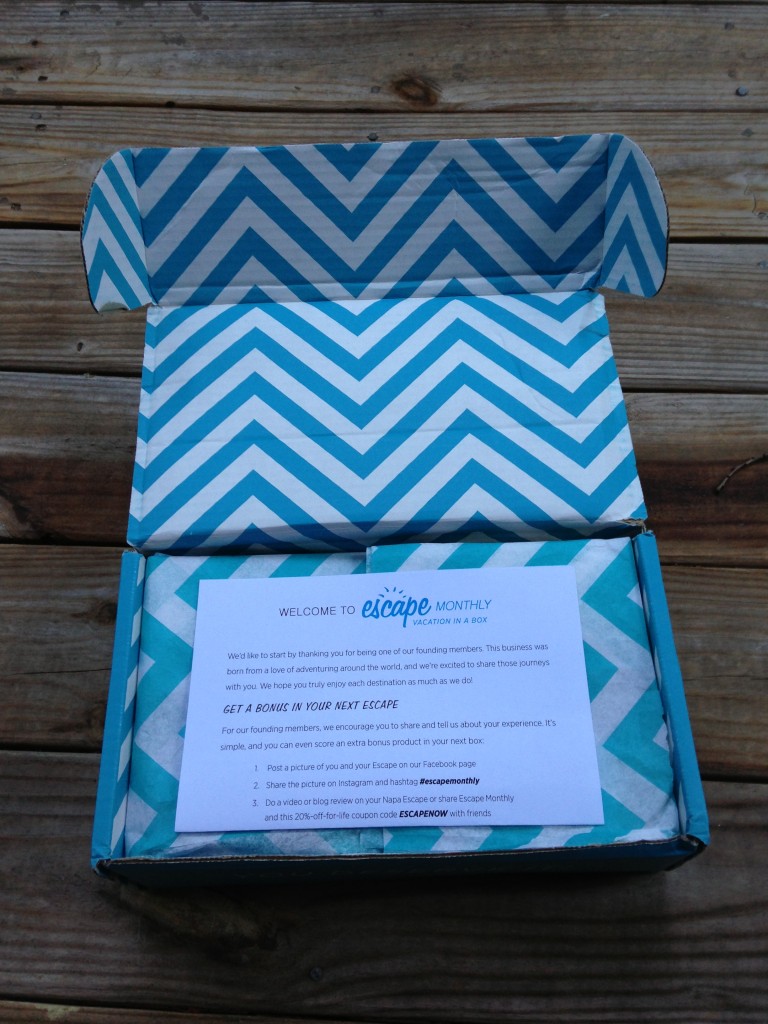 first look at inside of escape monthly box with blue and white chevron pattern and welcome sheet