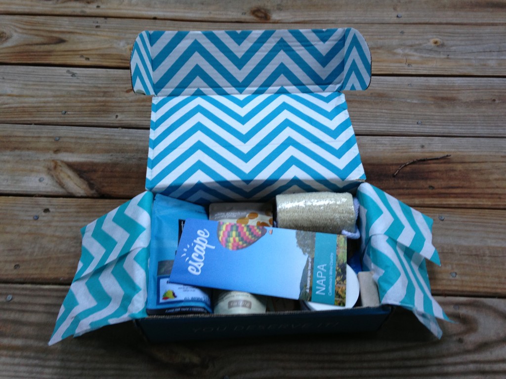 look at inside of escape monthly august napa valley box with info card and products showing