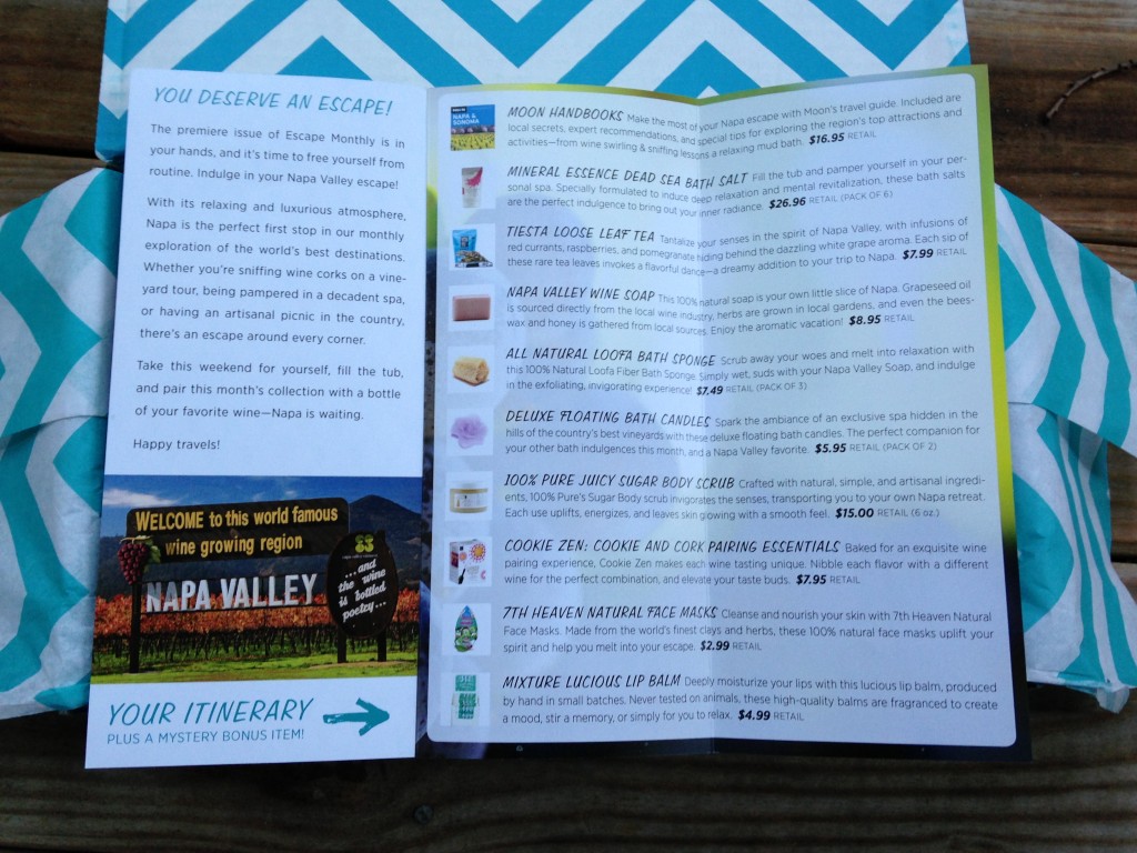 escape monthly august napa valley info card listing products with prices