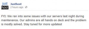 screenshot of facebook announcement that justhost's servers were down