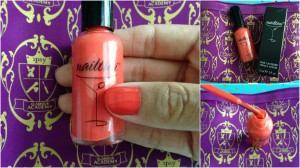 collage of nailtini nail polish in mai tai from ipsy august 2013 glamour academy bag