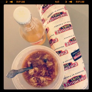 hot and sour soup, firehouse sub, and clementine izzy drink