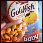 handful of baby goldfish cheddar crackers held in front of pepperidge farm baby goldifsh bag