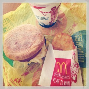 mcdonald's egg white mcmuffin, hash brown, and drink