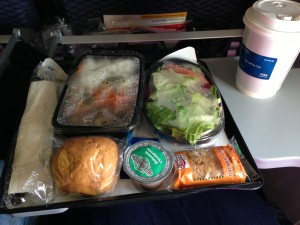 united international airplane meal with bulgogi and rice, salad, bread rolls, cookie, and tea