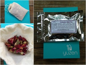 collage of ajara skincare ayurvedic beauty tridoshic bath tea bag sachet