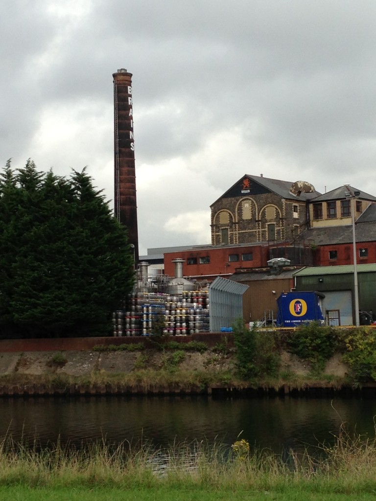 brains brewery across river with silver tanks and colorful tops