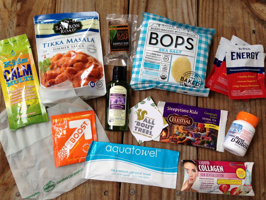 conscious box september contents laid out including compostable plastic bag, aquatowel, bops chips